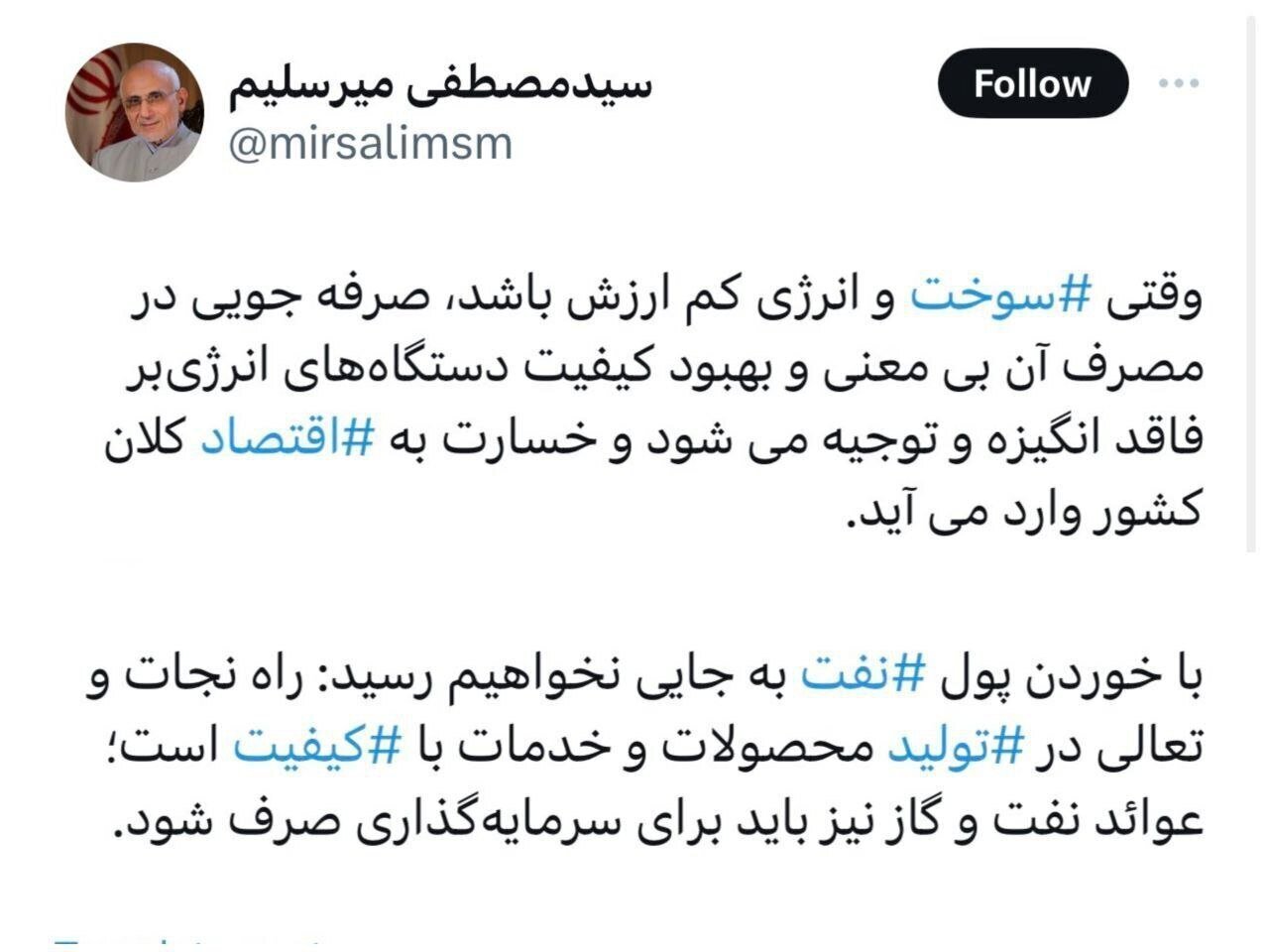  میرسلیم خواستار افزایش قیمت سوخت شد